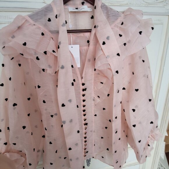 Zimmermann Crush Embroidered Frill Silk Linen Blouse Pink Hearts 💕NWT size AU 2 - Picture 2 of 10